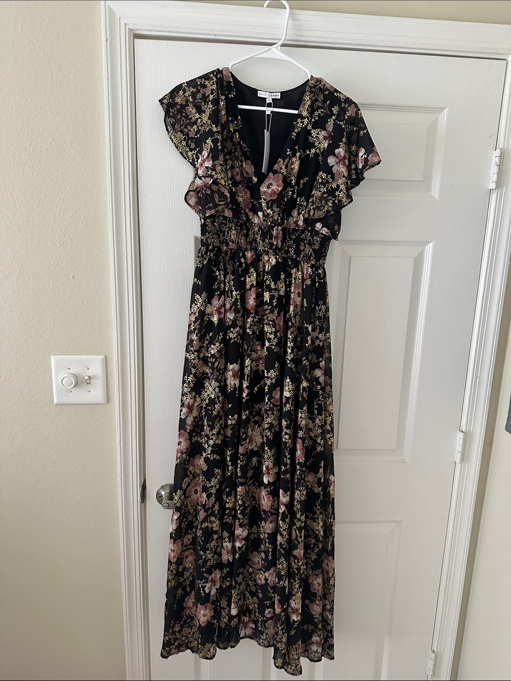 Baltic Born Lynne Floral Black Maxi Dress with Pink and Metallic Gold Accents